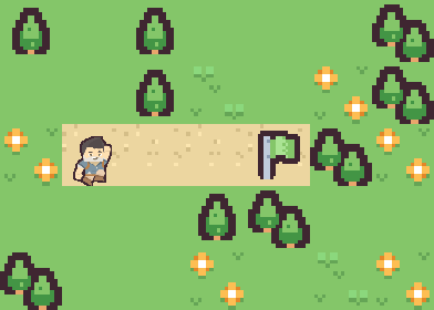 Level 1 — a straight sand path through trees to a flag