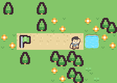 Level 2 — a pond blocks the path ahead; the flag is behind