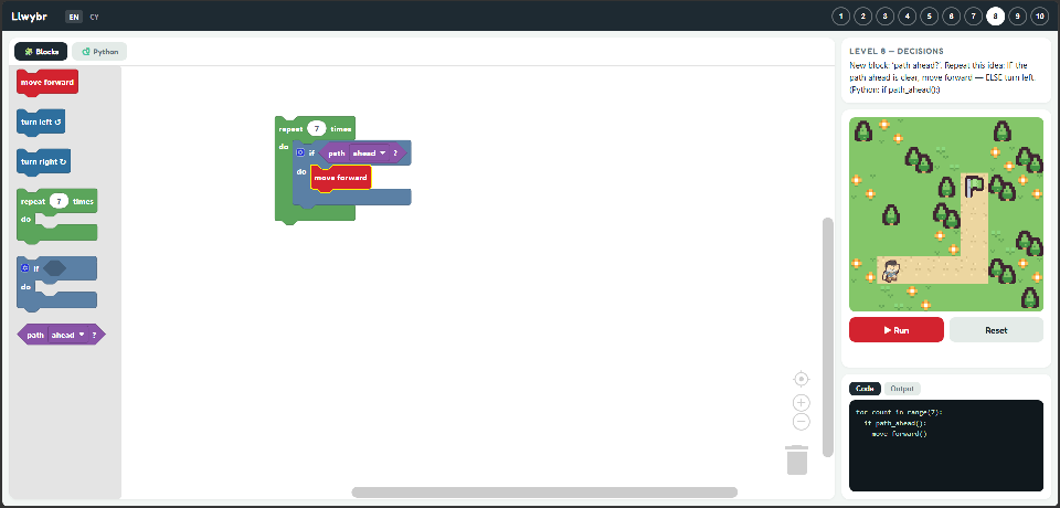 The Llwybr editor: an if-block inside a repeat on the left, the maze in the middle, and the generated Python code alongside